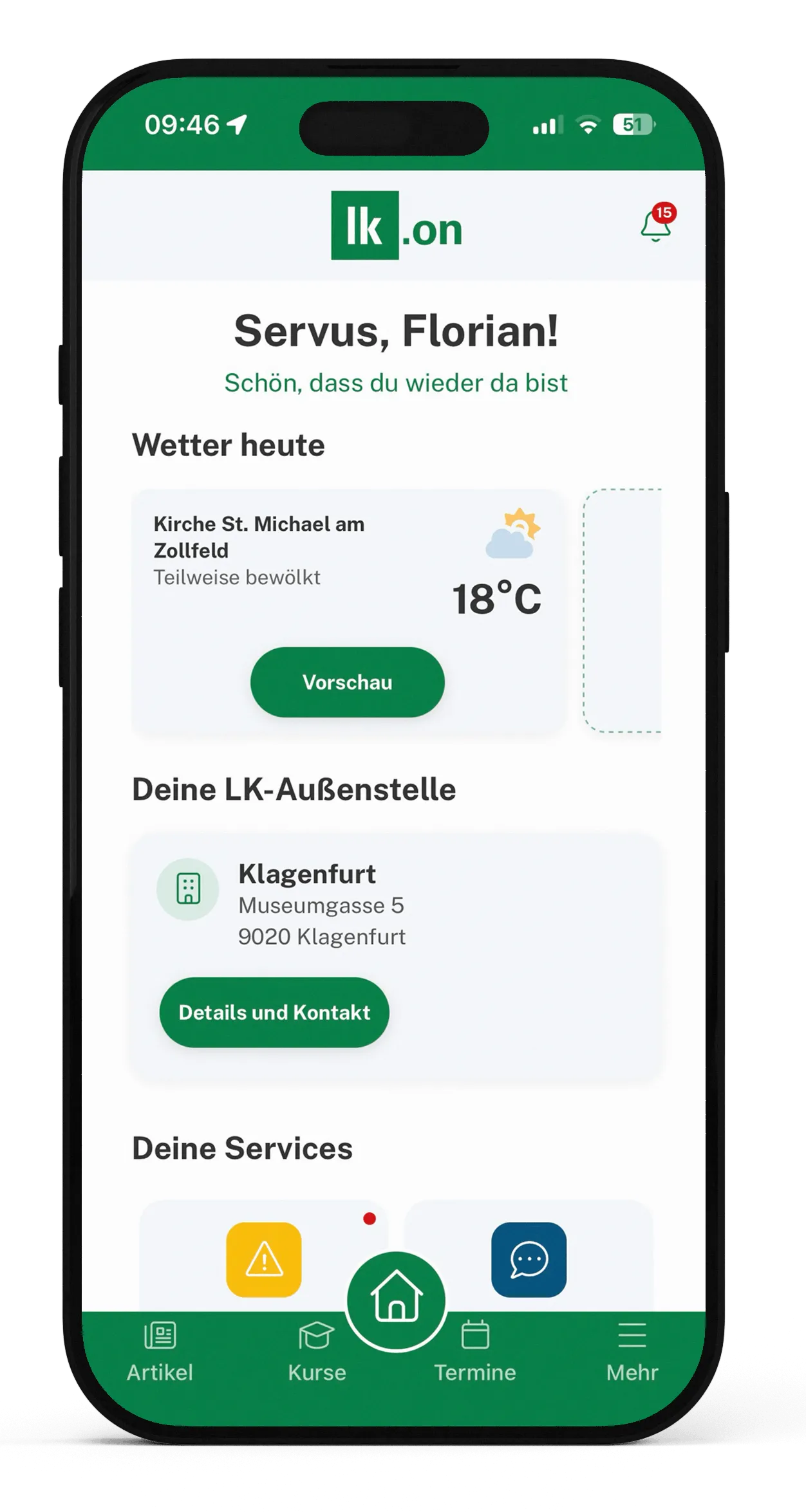 Startbildschirm der lk.on-App: persönliche Begrüßung, das Wetter für den eigenen Standort, die zuständige LK-Außenstelle in Klagenfurt und die Kacheln der persönlichen Services.