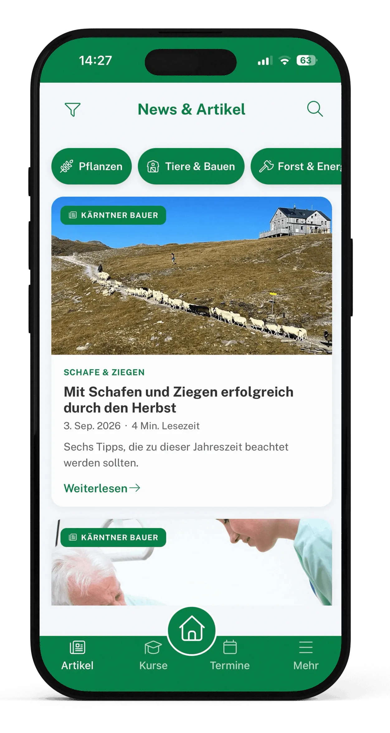 News und Artikel in der lk.on-App: Beiträge des Kärntner Bauer, gefiltert nach Themen wie Pflanzen, Tiere & Bauen oder Forst & Energie, mit Bild, Datum und Lesezeit.