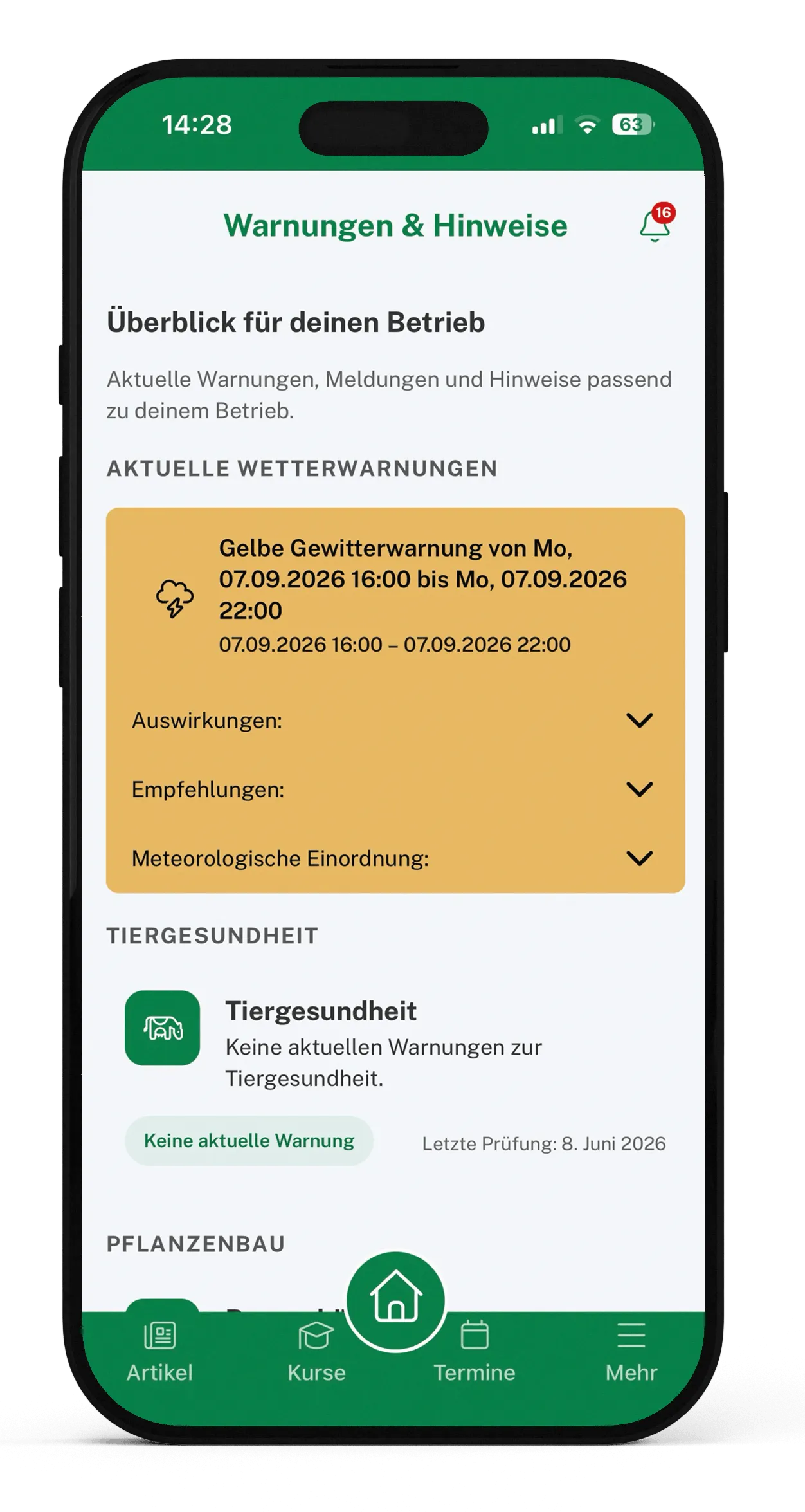 Warnungen und Hinweise in der lk.on-App: aktuelle Wetterwarnungen mit Auswirkungen und Empfehlungen sowie der Status zu Tiergesundheit und Pflanzenbau für den eigenen Betrieb.